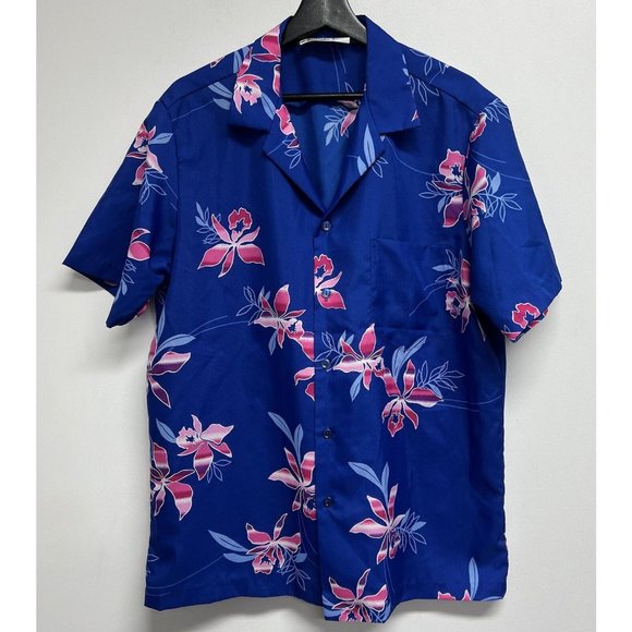 Vintage Hilo Hattie Mens Hawaiian Shirt Size L Blue Pink Floral Aloha Button Up